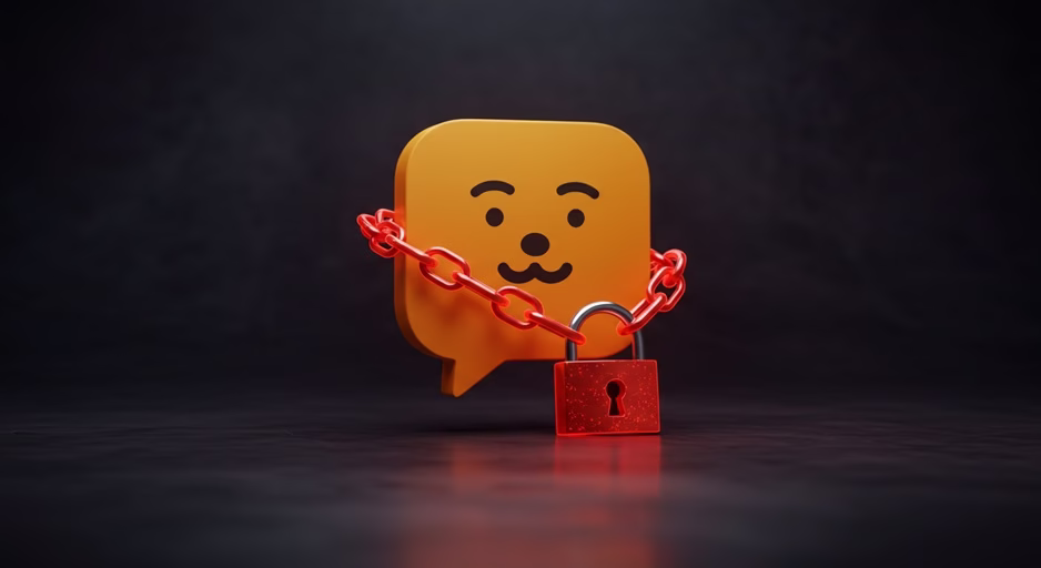 카카오톡 채팅창 아이콘 위로 쇠사슬과 붉은 자물쇠가 채워진 3D 홀로그램.