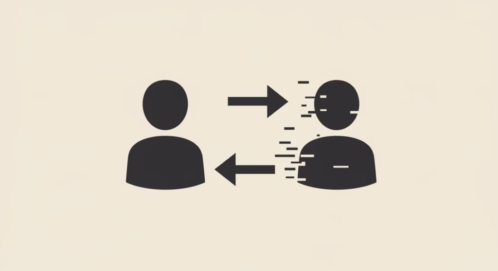 통화 아이콘으로 연결된 두 사람의 실루엣 중, 한 사람 주변에만 통신이 불가능하다는 회색 보호막이 쳐져 있는 모습.