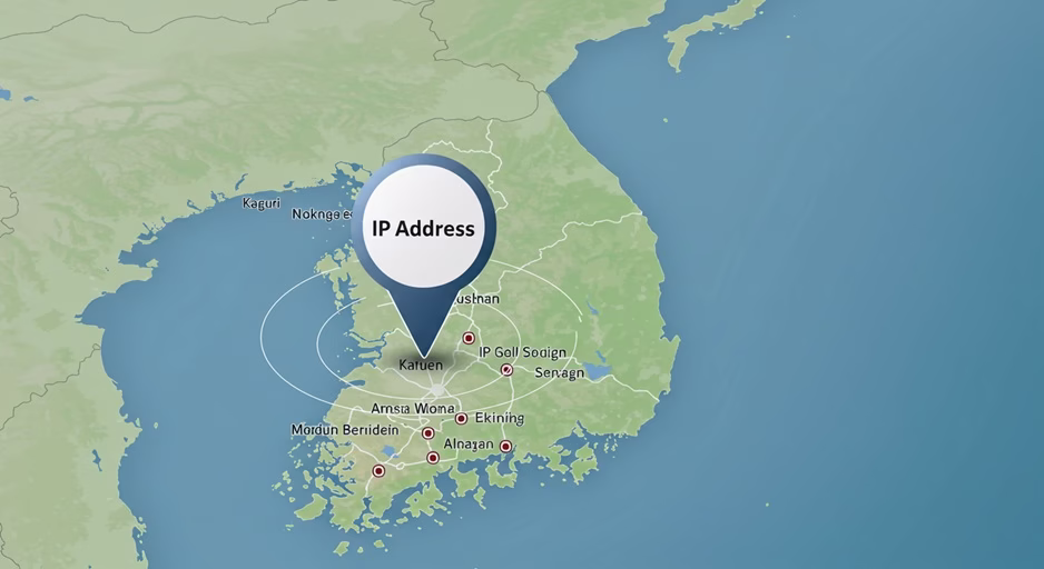"IP 다 땄다" 디스코드/온라인 게임에서 IP 해킹 협박, 진짜 위험할까? 3 대한민국 지도 위에 'IP 주소'라는 핀이 꽂혀있지만, 핀은 특정 건물이 아닌 '서울'이라는 도시 전체를 포함하는 거대하고 흐릿한 원을 가리키고 있다.
