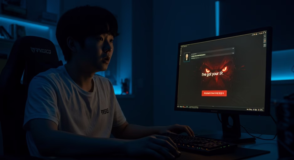 한 게이머가 자신의 컴퓨터 모니터를 보고 겁에 질려 있으며, 모니터 채팅창에는 "너 IP 땄다"는 협박 메시지가 떠 있다.