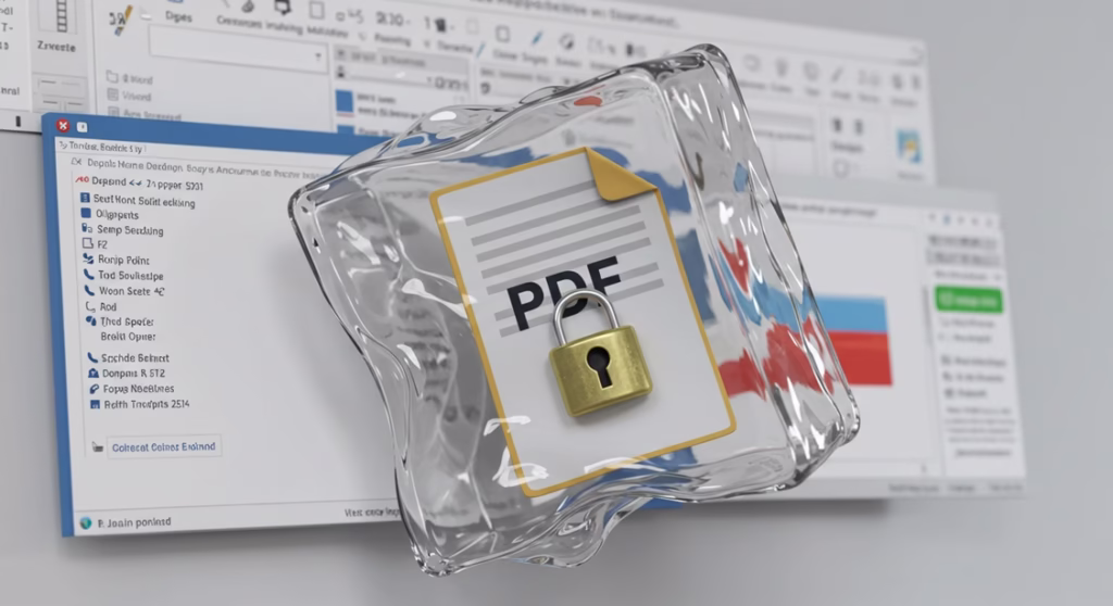 "PDF 열면 화면이 튕겨요", 다른 작업 방해하는 오류 해결 체크리스트 4 투명하고 두꺼운 격리 상자 안에 PDF 파일이 들어있다. 이 상자가 너무 큰 나머지, 주변에 있던 워드, 엑셀 창들을 밀어내고 흔들고 있다.