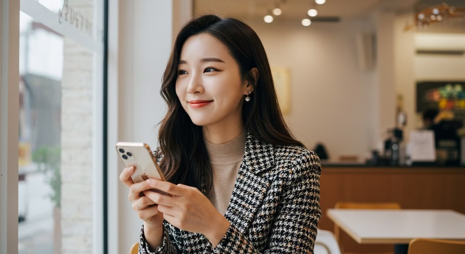 최신 iOS 업데이트 후 ‘배터리 광탈’ 비상! 아이폰/아이패드 살리는 특급 처방 5가지 5 아이폰 배터리 문제를 해결한 후 안도하는 세련된 한국 여성의 이미지