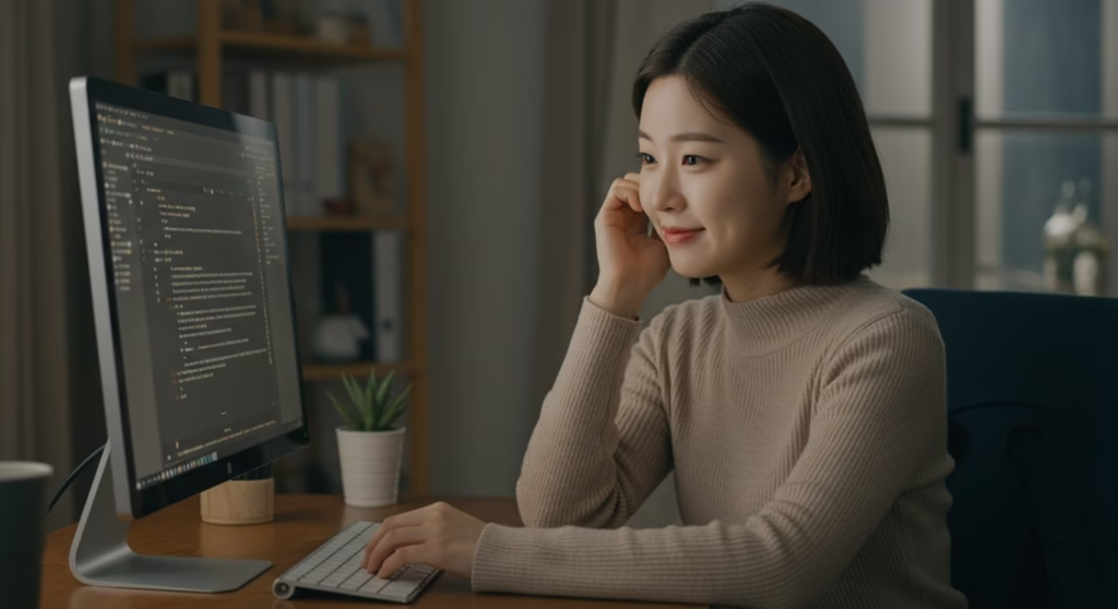 "글자가 흐리게 보여요" 한글 vs 워드, 폰트가 다르게 보이는 진짜 이유 6 한 사용자가 편안하고 만족스러운 표정으로 자신의 컴퓨터 모니터를 보고 있으며, 모니터 화면에는 한글과 워드 프로그램의 글자가 모두 선명하게 표시되어 있다.