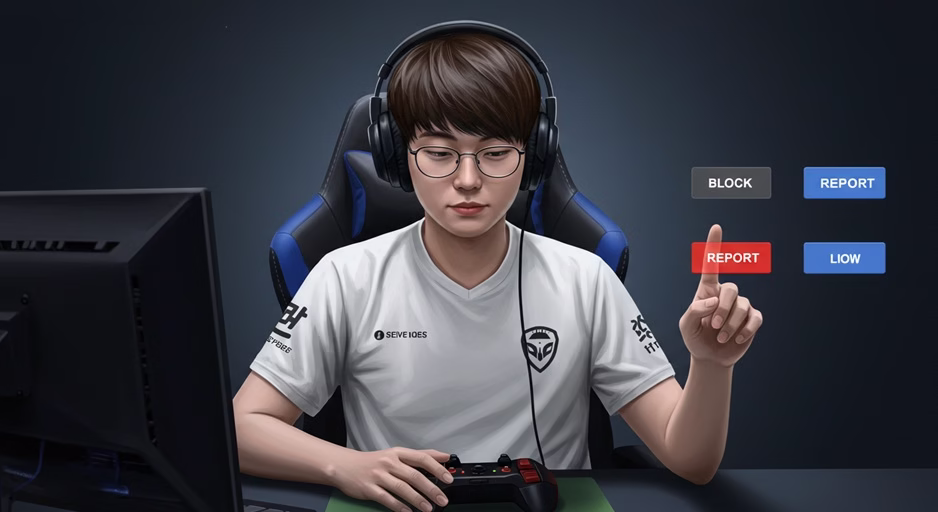 "IP 다 땄다" 디스코드/온라인 게임에서 IP 해킹 협박, 진짜 위험할까? 6 썸네일과 같은 게이머가 이제는 겁먹지 않고, 자신감 있고 여유로운 표정으로 협박 메시지 옆에 있는 '차단'과 '신고' 버튼을 누르고 게임을 계속 즐기고 있다.