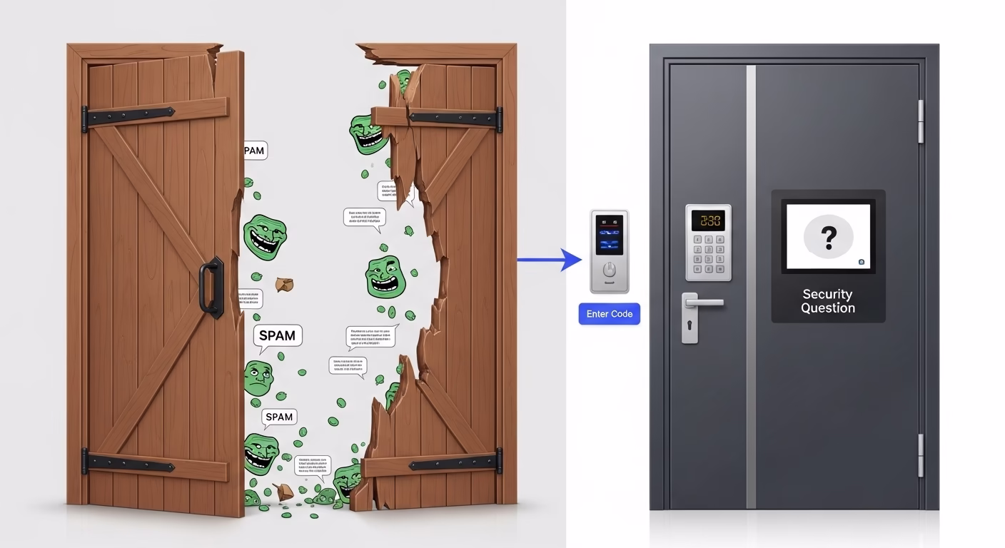 열린 문과 굳게 닫힌 문을 비교하여 단톡방 입장 설정의 중요성을 보여주는 이미지.