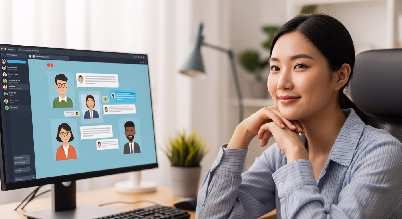 단톡방 문제를 해결하고 만족스럽게 커뮤니티를 바라보는 여성 방장의 모습.