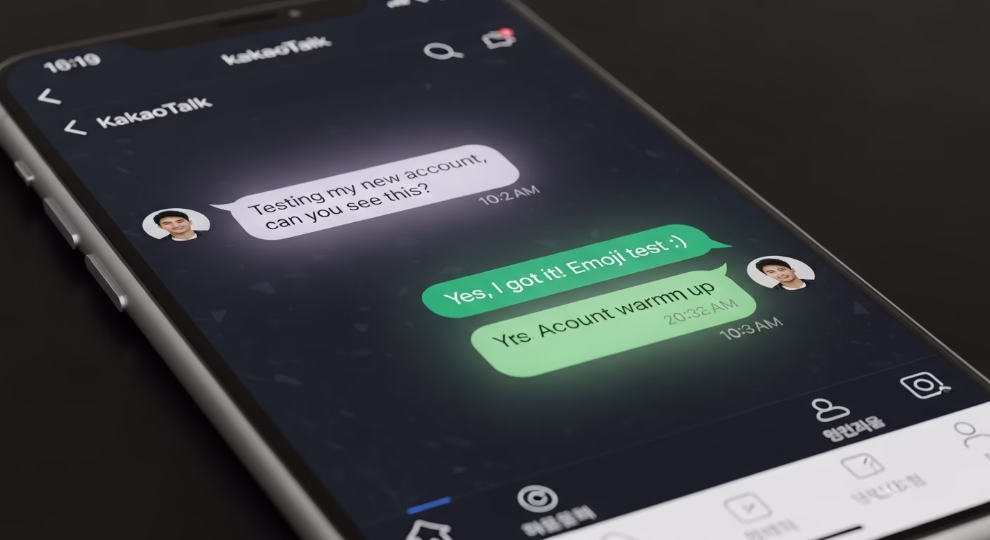 카카오톡 1:1 대화창에서 자연스러운 대화를 나누며 계정 신뢰도를 쌓는 모습을 보여주는 이미지