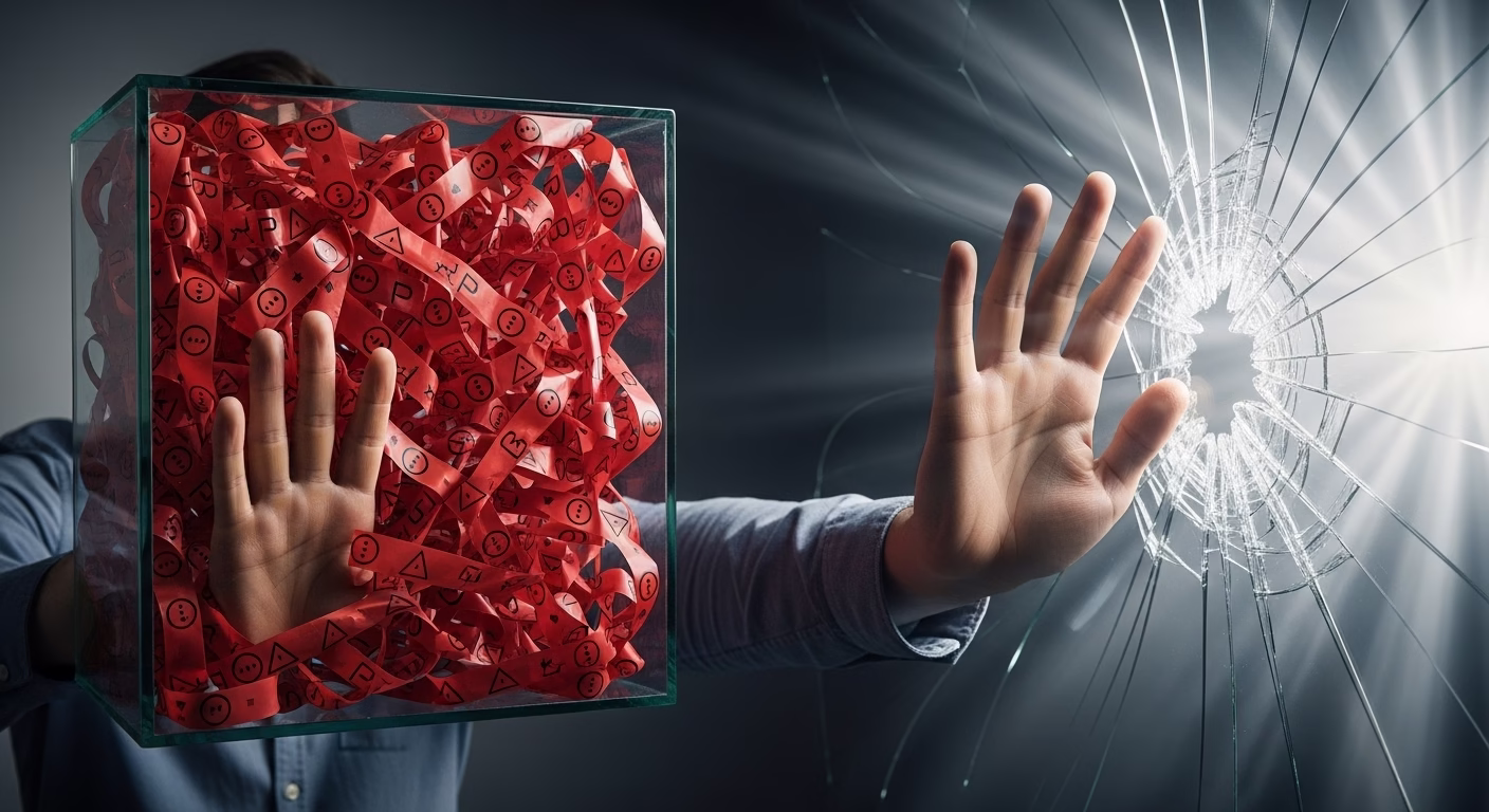 답답한 오픈채팅 정지 상태에서 이의제기를 통해 해방되는 과정을 극적으로 비교하는 이미지