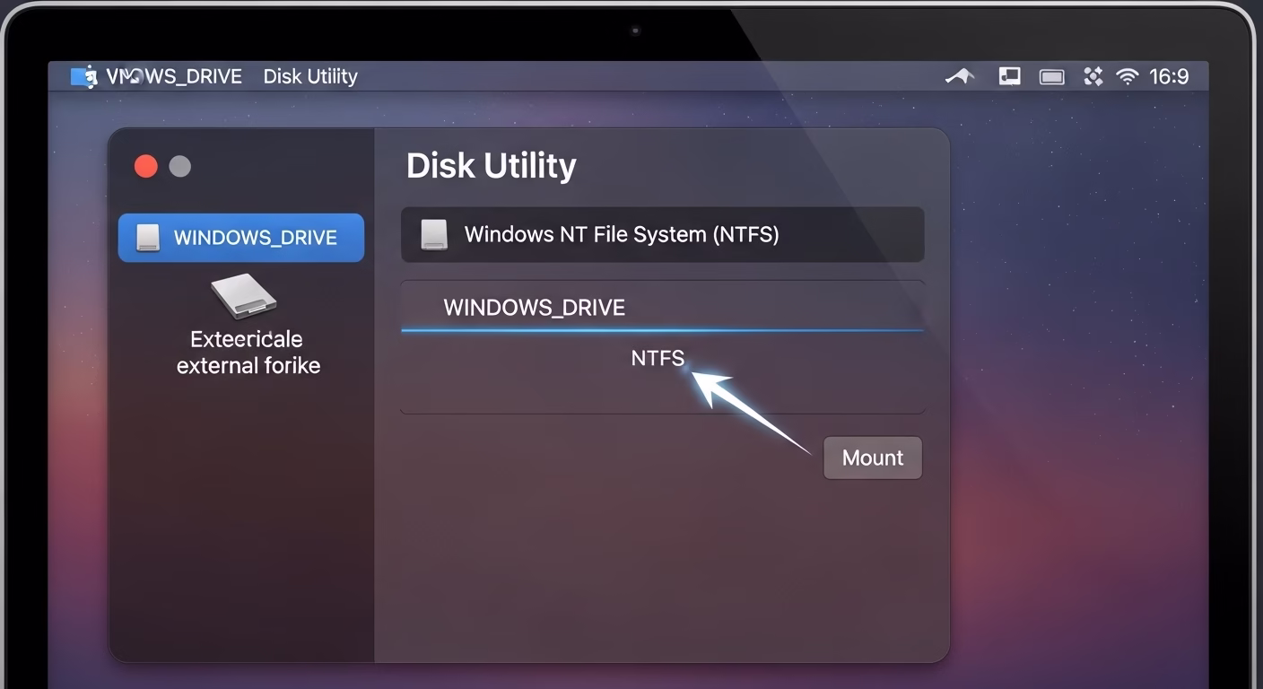 맥북 NTFS 외장하드 인식 실패 (파일 복사 안될 때), 유료 결제 전 3단계 무료 해결법 6 맥북 디스크 유틸리티에서 외장하드가 NTFS 포맷임을 확인하는 핵심 단계를 보여주는 이미지