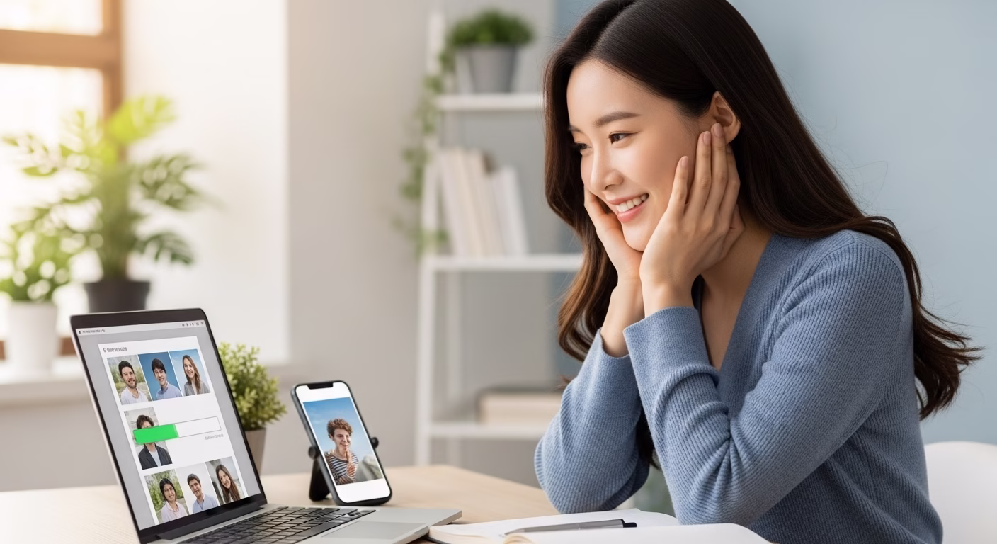 스마트폰 인식 문제를 해결하고, PC로 사진을 옮기며 만족스럽게 웃고 있는 한국 여성의 모습