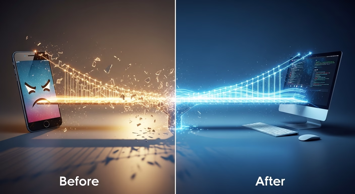 스마트폰과 PC 사이의 끊어진 데이터 다리가 튼튼하게 복구되는 모습을 통해 문제 해결 전후를 극명하게 비교하는 이미지