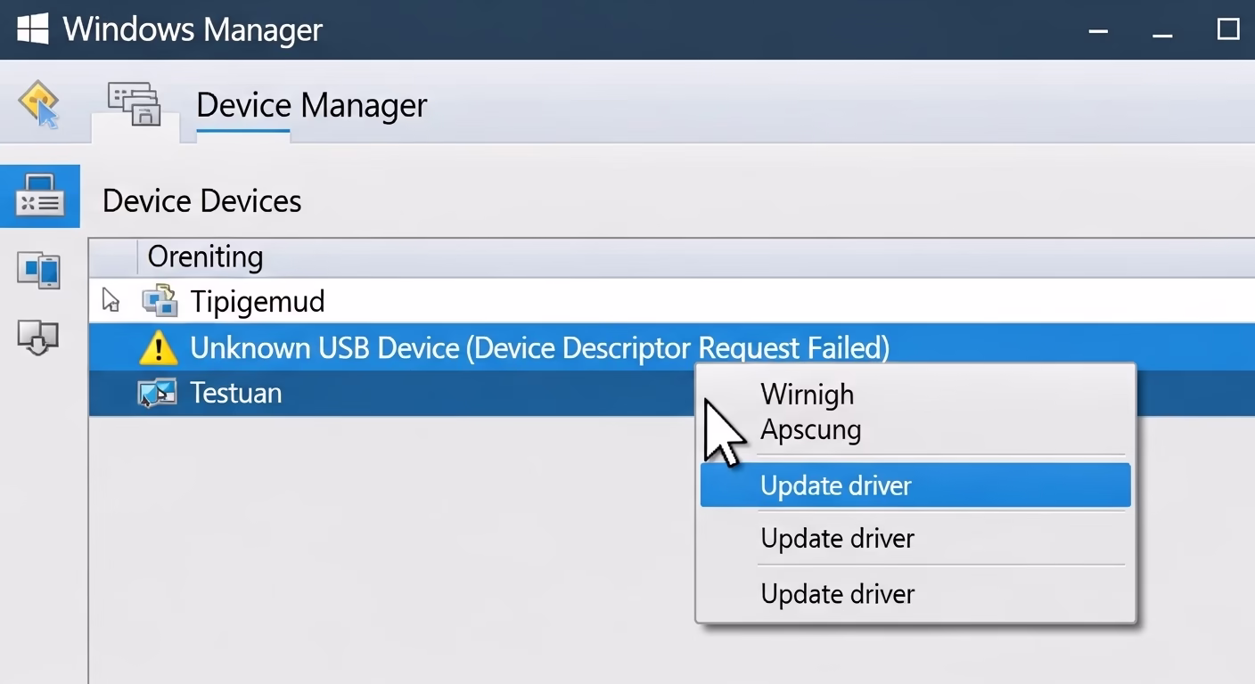 PC 장치 관리자에서 인식되지 않는 스마트폰 드라이버를 업데이트하는 문제 해결 과정의 핵심 단계를 보여주는 이미지