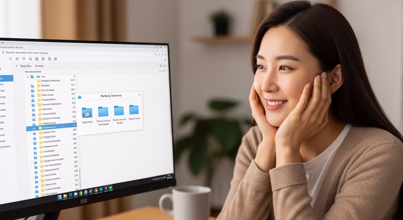 USB 포맷 오류 해결: 데이터 손실 없이 살리는 3단계 자가 복구법 6 USB 데이터 복구에 성공하고 안심하며 웃는 한국 여성의 모습
