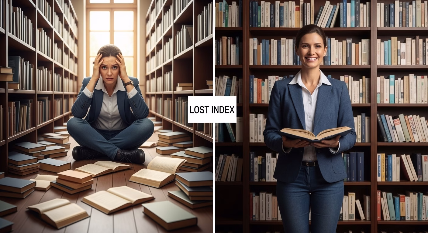 USB 포맷 오류 해결: 데이터 손실 없이 살리는 3단계 자가 복구법 4 뒤죽박죽 엉망인 데이터(책)가 깔끔하게 정리된 모습으로 변하는 것을 보여주는 이미지