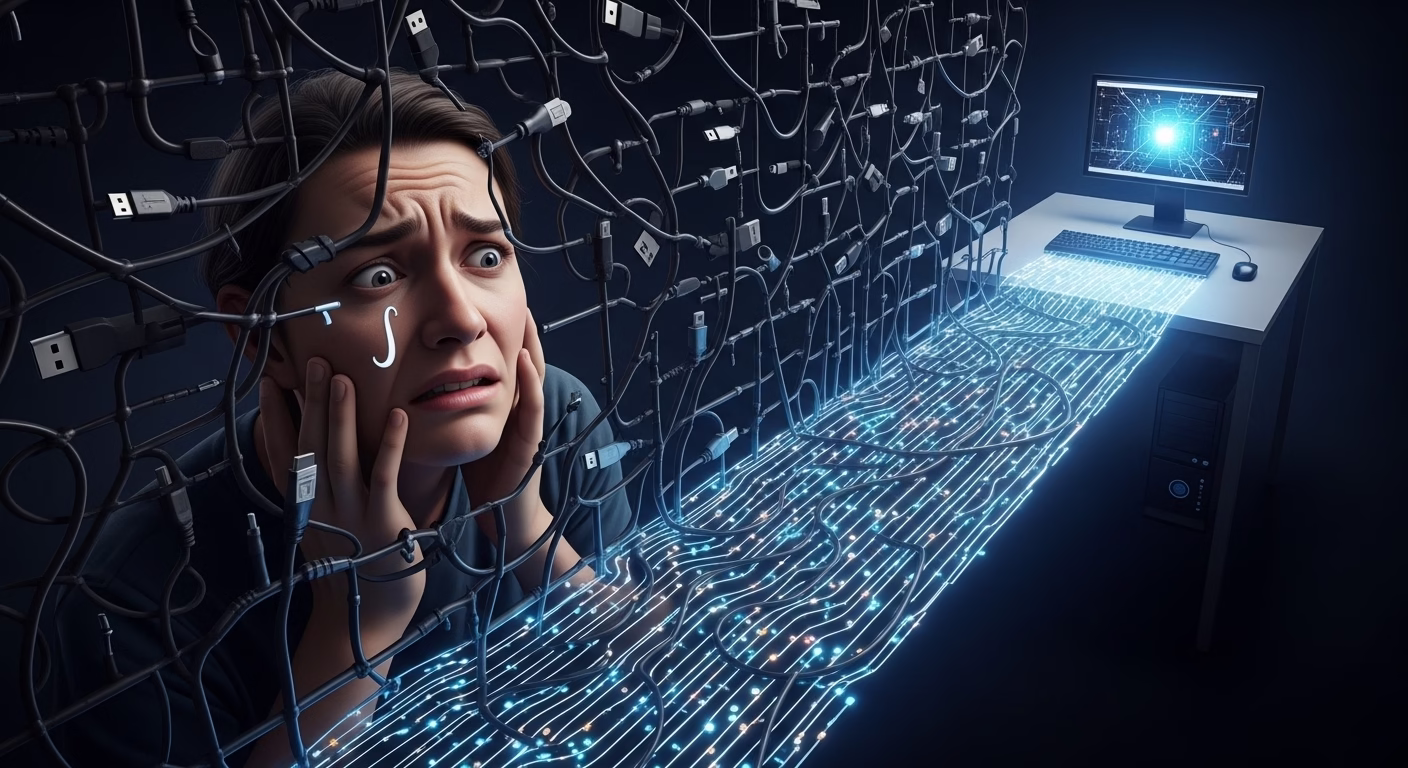 엉킨 USB 케이블 미로에서 헤매는 모습이 깔끔하게 정리된 데이터 경로로 바뀌는 극적인 비교 이미지