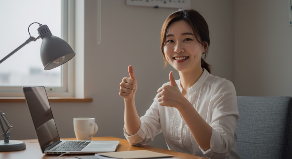 노트북 팬 소음, 갑자기 '위잉'? AS센터 가기 전 자가 해결법 3가지 4 노트북 문제를 해결한 후 만족스러운 표정으로 엄지손가락을 치켜세우고 있는 친근한 한국 여성