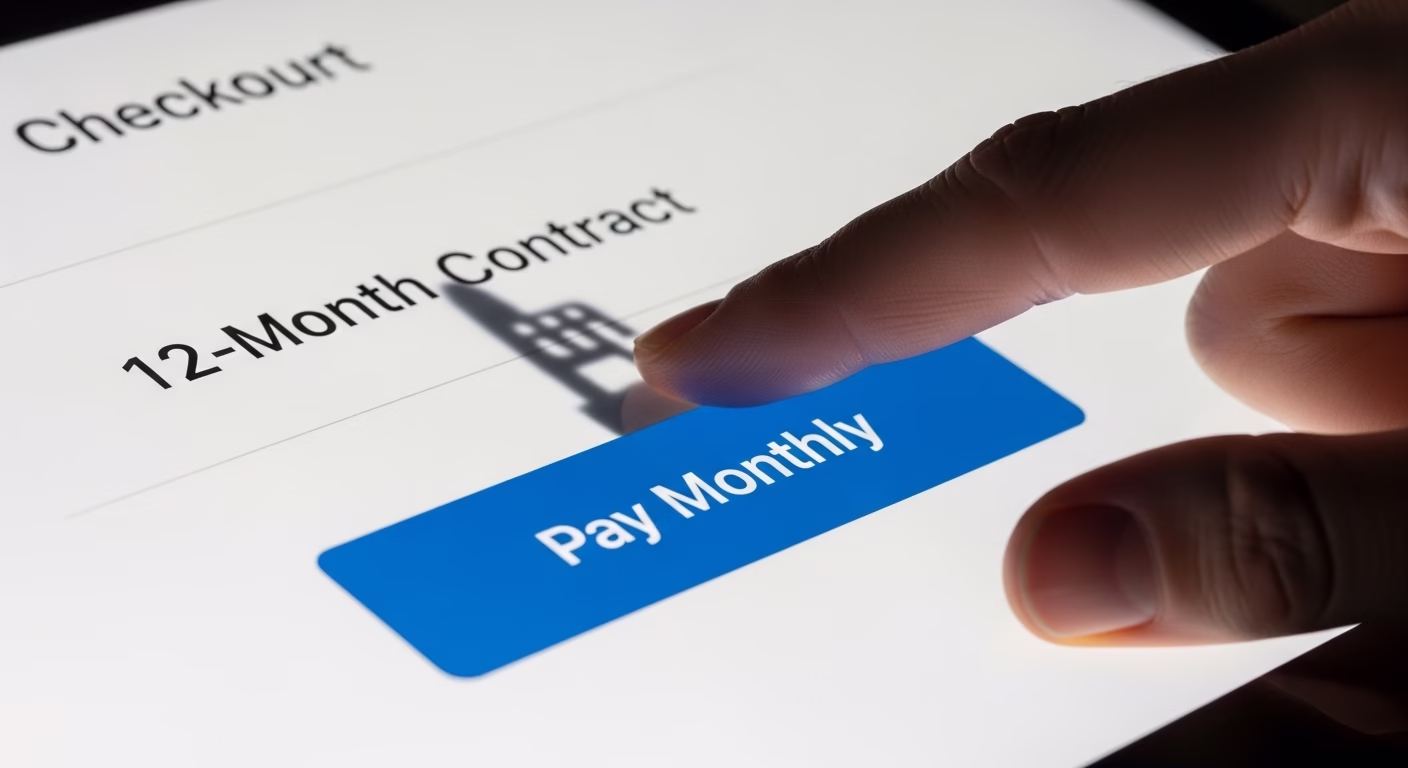 어도비 구독 해지 위약금 폭탄? 상담원 연결로 환불 성공률 높이는 노하우 5 '월별 결제'라는 버튼을 누르려는 손가락과 그 그림자 속에 숨겨진 '12개월 약정'이라는 글씨가 보이는 이미지.
