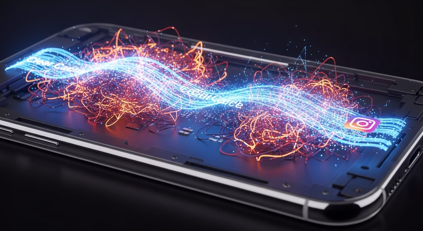 스마트폰 내부에 엉켜있는 복잡한 데이터 캐시가 정리되는 모습을 형상화한 이미지.