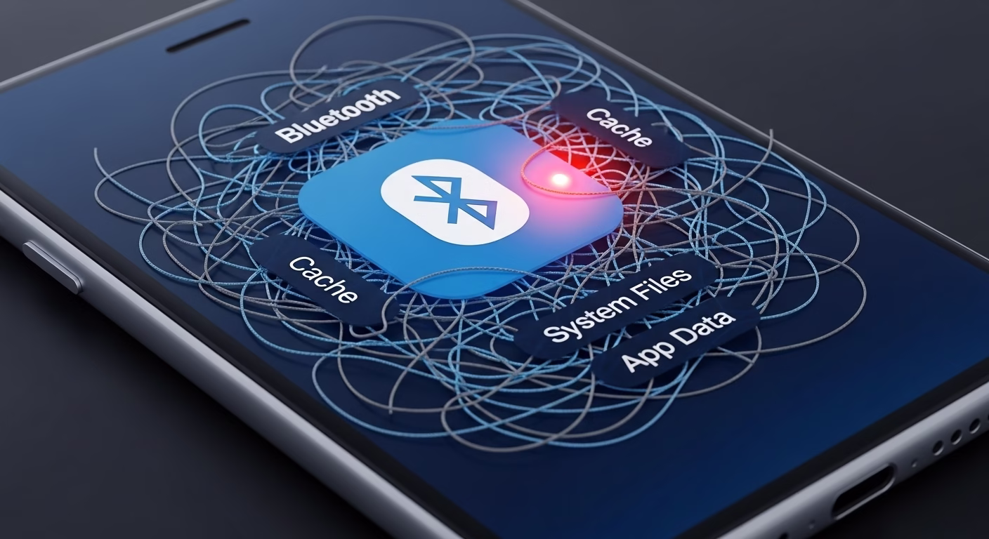 엉킨 데이터와 캐시가 블루투스 오류를 일으키는 것을 시각적으로 표현한 이미지.