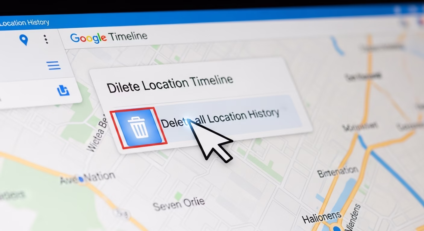 구글 지도 타임라인 관리 화면에서 '모든 위치 기록 삭제' 휴지통 아이콘을 클릭하는 과정을 보여주는 이미지