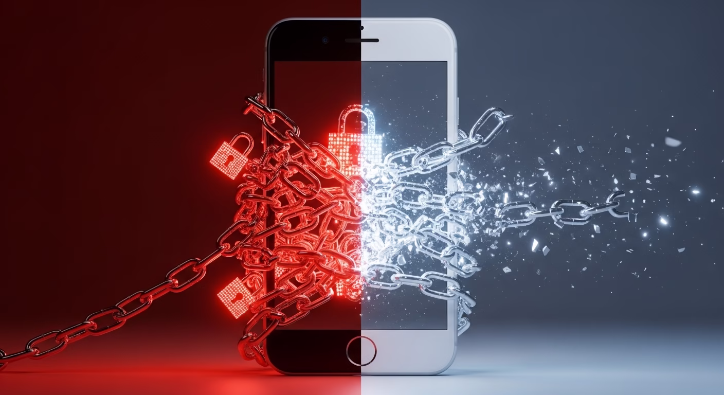 개인정보라는 족쇄에 묶인 스마트폰이 깨끗하게 해방되는 모습을 비교하는 이미지