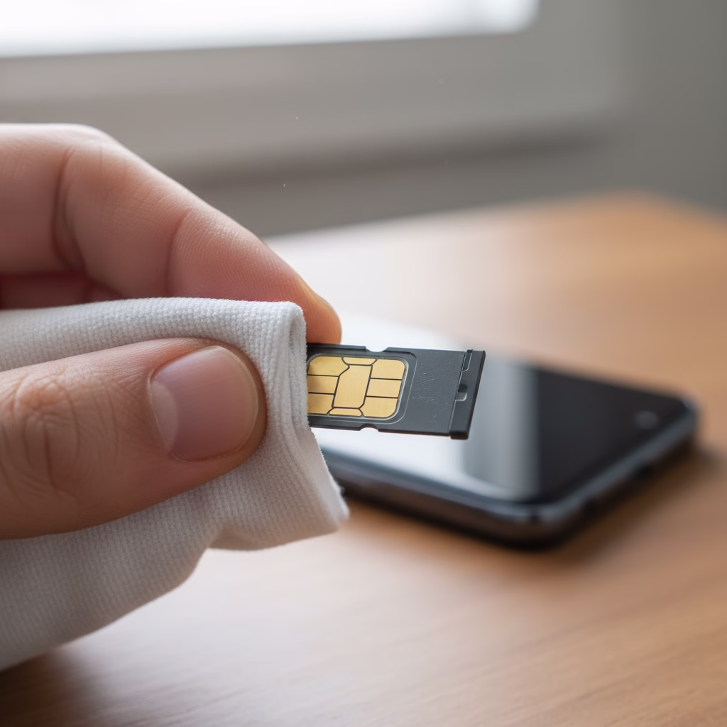자급제폰 유심 인식 안될 때? 서비스센터 가기 전 필수 자가 해결법 5가지 4 자급제폰 유심 인식 오류 해결을 위해 깨끗하고 마른 천으로 유심칩 금속 단자를 닦는 클로즈업 이미지