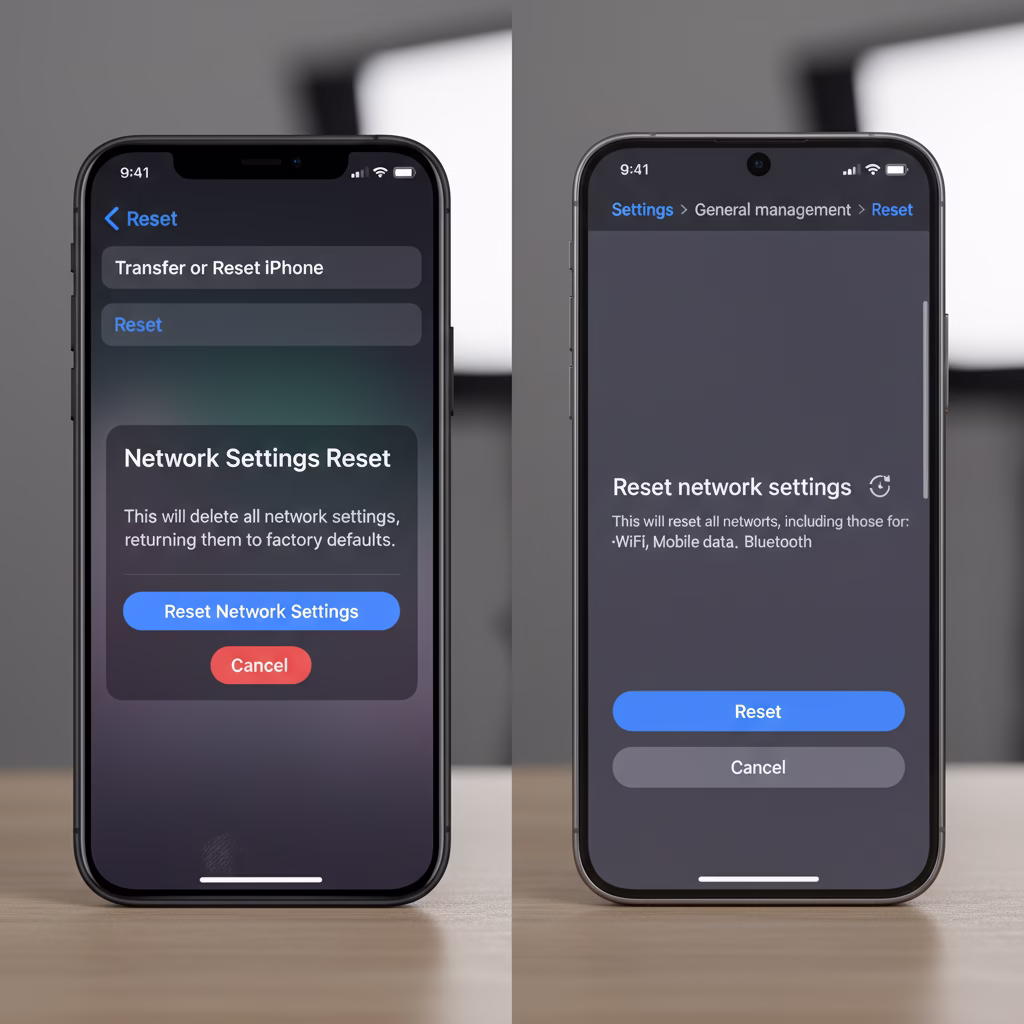 자급제폰 유심 인식 안될 때? 서비스센터 가기 전 필수 자가 해결법 5가지 6 아이폰 및 갤럭시 스마트폰에서 네트워크 설정 초기화를 진행하는 설정 메뉴 화면 스크린샷. 아이폰은 '재설정', 갤럭시는 '초기화' 메뉴가 표시됨.