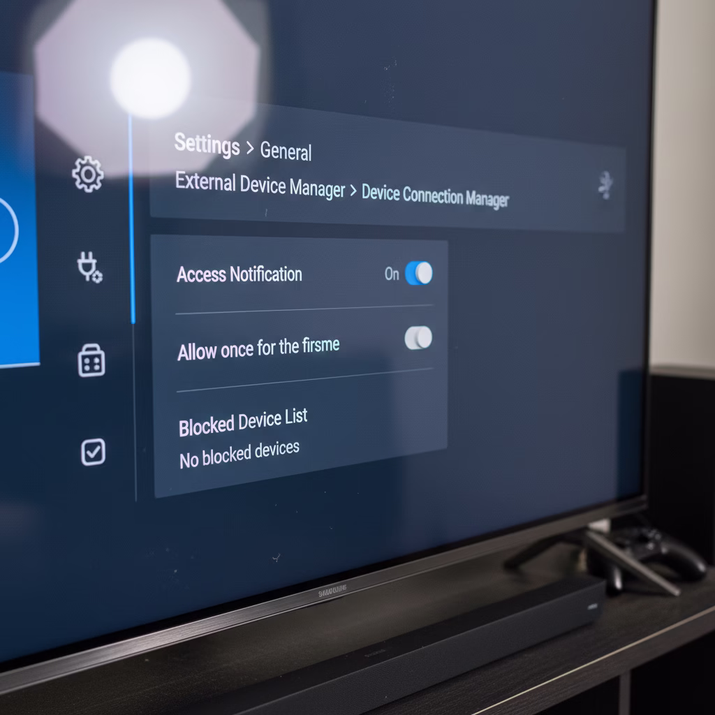 삼성 TV 설정 메뉴에서 외부 기기 연결 관리자의 '액세스 알림' 설정과 차단된 기기 목록을 확인하는 화면.