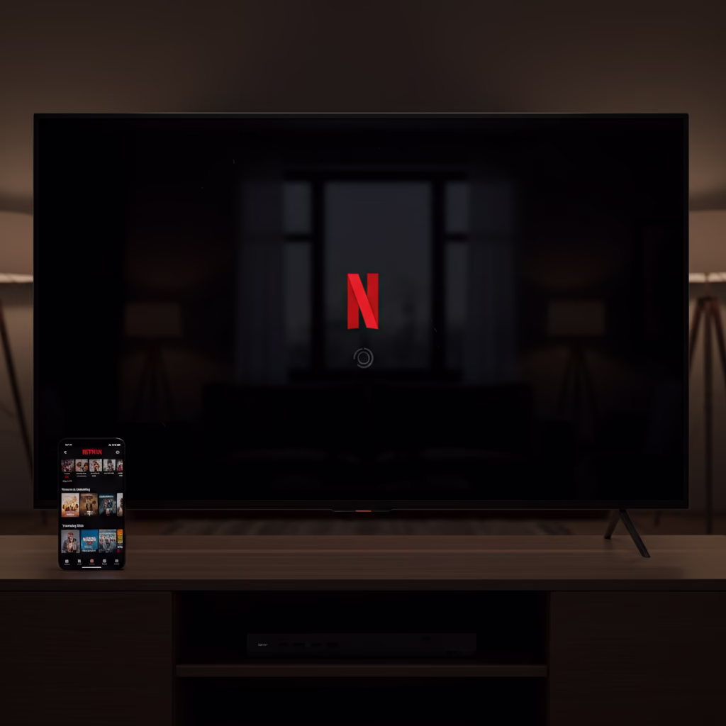 스마트뷰로 연결된 TV 화면에 넷플릭스 앱이 검은 화면으로만 보이는 모습 (DRM 저작권 보호로 인한 정상 동작).