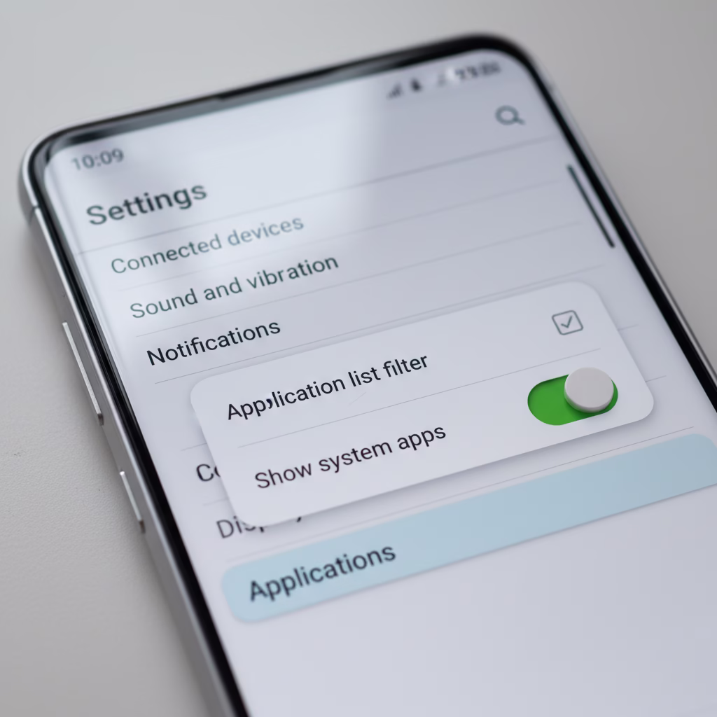 갤럭시 설정 앱에서 시스템 앱 표시 옵션을 활성화하는 화면. 블루투스 앱 캐시 삭제를 위한 중요한 단계.