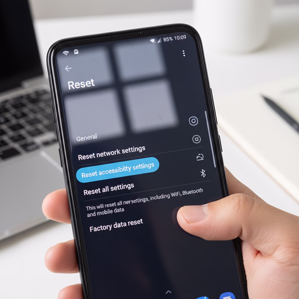 갤럭시 설정에서 네트워크 설정 초기화 옵션을 선택하는 화면. 와이파이, 블루투스, 모바일 데이터 관련 문제를 해결하는 단계.
