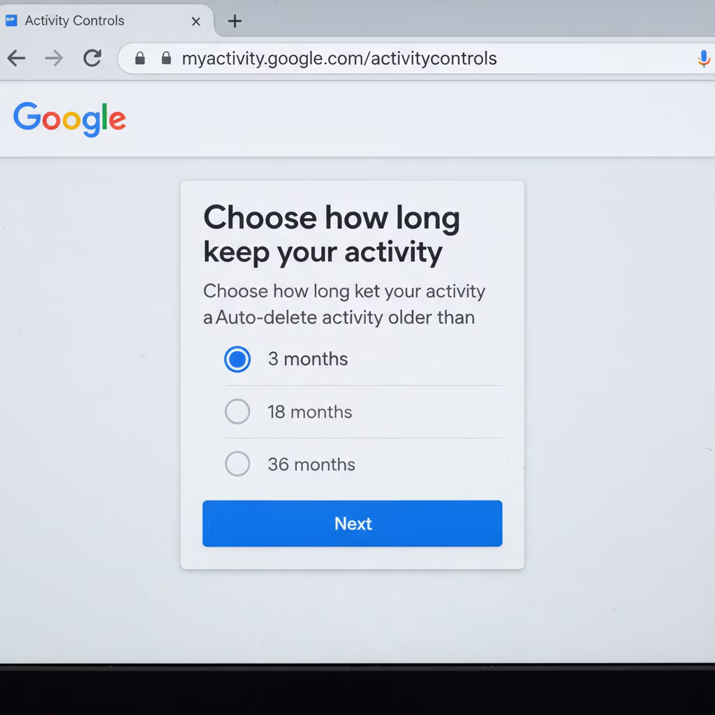 구글 검색 기록 자동 삭제 기간 설정 (3개월, 18개월, 36개월) 선택 화면