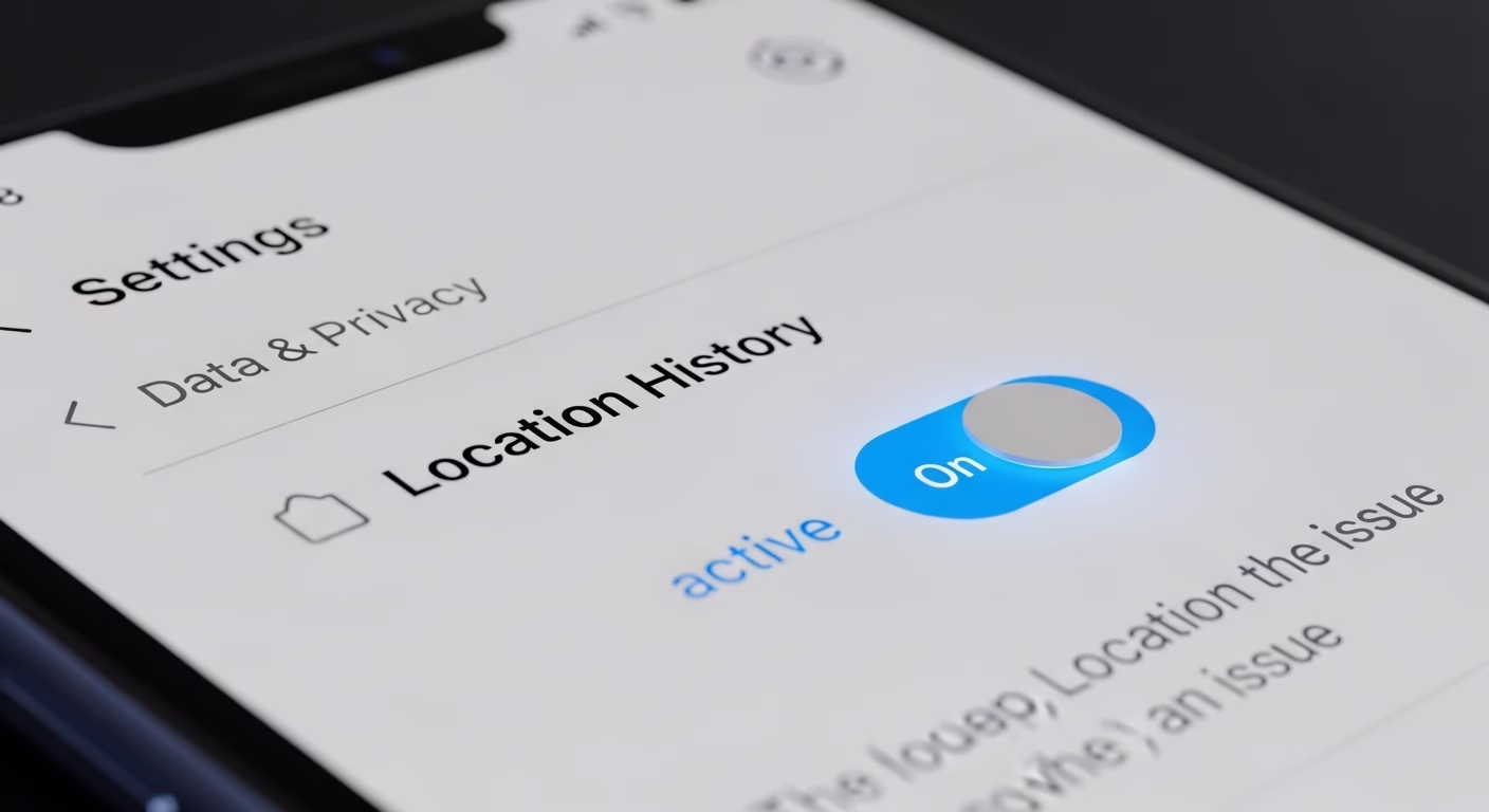 스마트폰 설정 화면에서 '위치 기록'이 '켬' 상태로 활성화되어 있는 것을 강조해서 보여주는 이미지