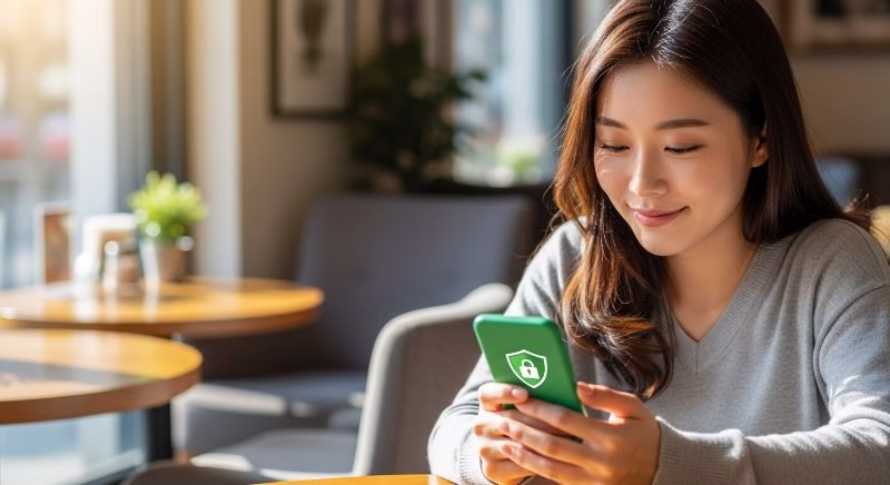 위치 추적 설정을 끄고 안심하며 스마트폰을 사용하는 여성의 편안한 모습