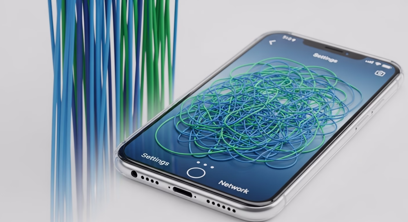 스마트폰 와이파이·데이터 갑자기 끊김? 안드로이드·아이폰 공통 AS센터 방문 전 자가 해결법 5 스마트폰 내부의 네트워크 설정이 복잡하게 엉킨 모습을 시각화한 이미지