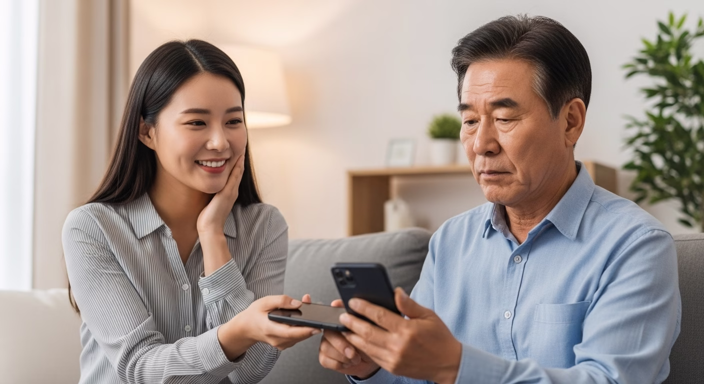 구글 검색 기록 삭제, 전체 초기화 없이 특정 단어만 골라 지우는 법 (PC/모바일) 6 구글 검색 기록 문제를 해결한 후 안심하고 아빠에게 스마트폰을 돌려주는 딸의 만족스러운 모습