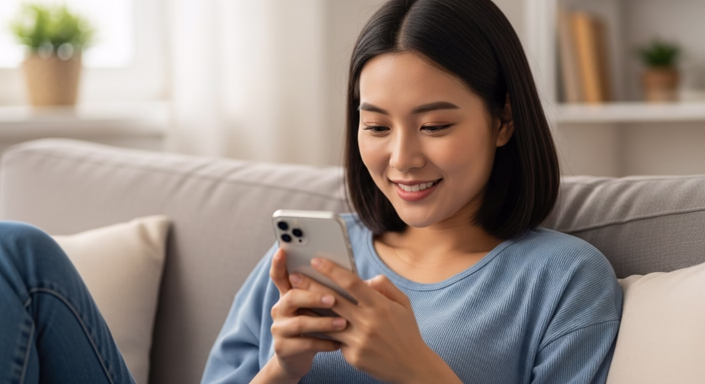 아이폰 터치 먹통, 액정 나갔나? AS센터 가기 전 5단계 자가 해결법 5 아이폰 터치 먹통 문제를 해결한 후, 편안한 소파에 앉아 다시 원활하게 스마트폰을 사용하며 미소 짓는 여성의 모습.