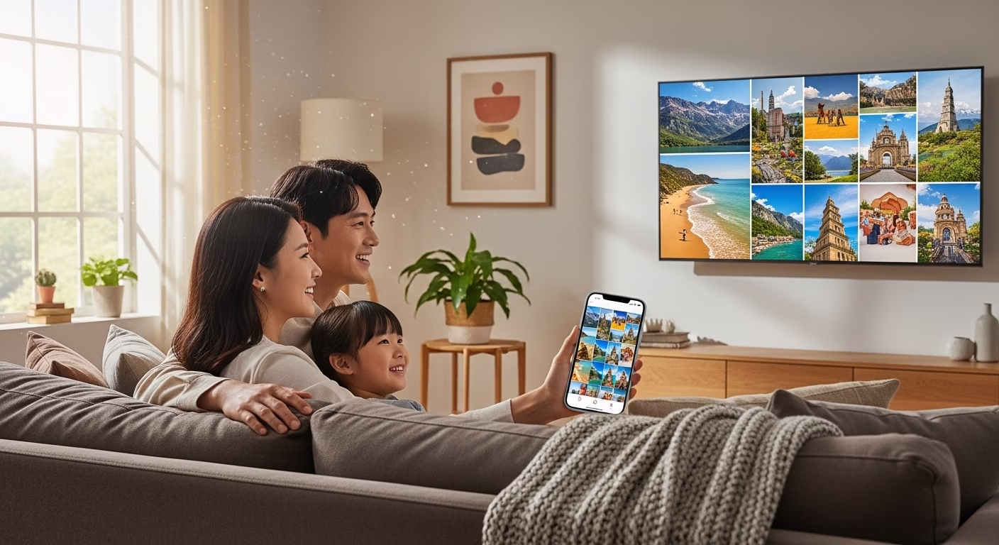 스마트뷰 연결 문제를 해결하고 TV로 함께 사진을 보며 즐거워하는 가족의 모습