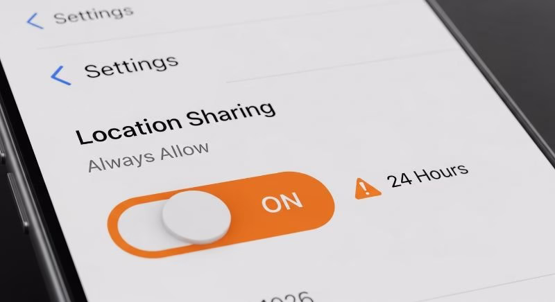 스마트폰 설정 화면에서 위치 공유가 24시간 또는 항상 허용으로 켜져 있는 모습