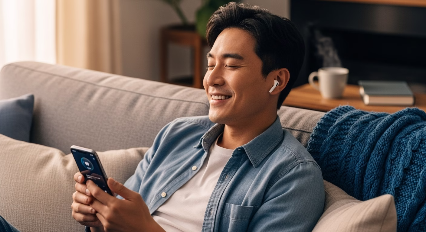 블루투스 연결 문제를 해결한 후, 편안하게 음악을 즐기는 한국 남성의 모습.