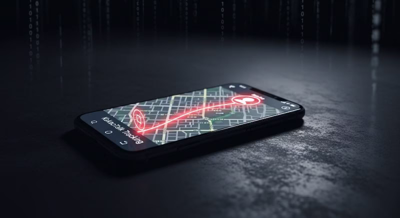 스마트폰 지도 앱 위로 붉은색 이동 경로가 표시되어 위치 추적의 불안감을 표현한 썸네일 이미지