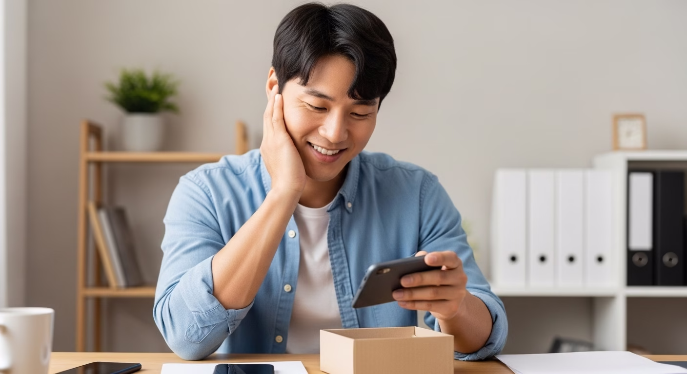 개인정보를 완벽히 삭제한 후 안심하며 중고폰을 포장하는 남성의 모습