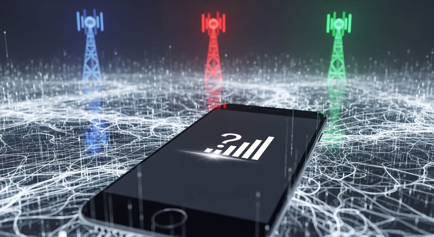 자급제폰 유심 인식 안될 때? 서비스센터 가기 전 필수 자가 해결법 5가지 3 통신사 신호를 찾지 못해 헤매는 스마트폰을 형상화하여 자급제폰 유심 인식 오류의 원인을 보여주는 이미지.
