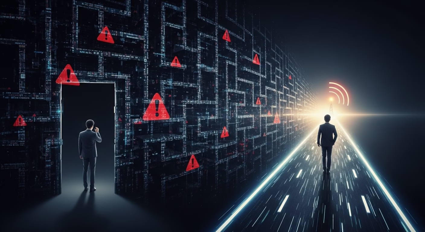 자급제폰 유심 인식 안될 때? 서비스센터 가기 전 필수 자가 해결법 5가지 5 복잡한 미로에서 헤매던 사람이 문제를 해결하고 뻥 뚫린 길을 걷는 모습으로 문제 해결 전후를 비교하는 이미지.