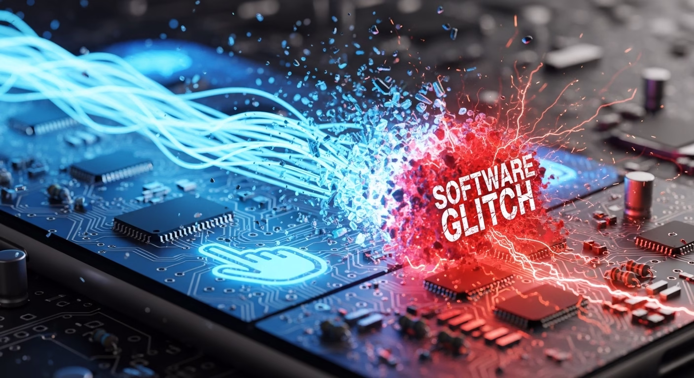 아이폰 터치 먹통, 액정 나갔나? AS센터 가기 전 5단계 자가 해결법 3 아이폰 내부에서 터치 명령 데이터가 '소프트웨어 오류'라는 장애물을 만나 멈추는 모습을 개념적으로 표현한 이미지.
