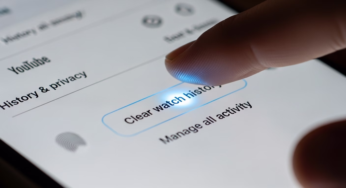 유튜브 맞춤 광고가 소름 돋나요? 시청 기록 초기화와 알고리즘 리셋 비법 총정리 5 스마트폰 유튜브 앱 설정에서 '시청 기록 지우기' 버튼을 누르는 손가락을 클로즈업한 이미지