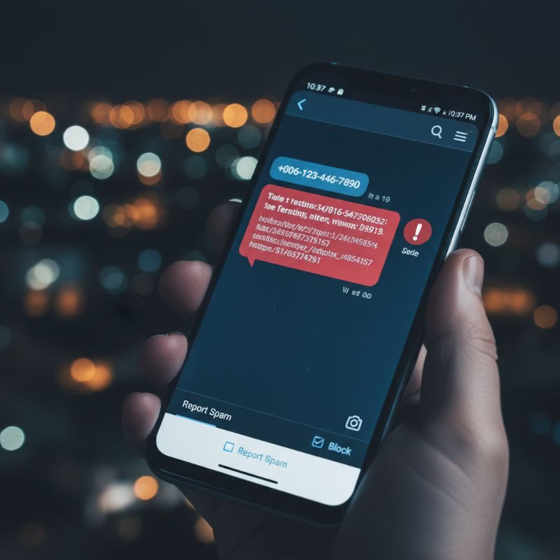 스마트폰에 수신된 006 국제발신 스팸 문자와 경고 아이콘