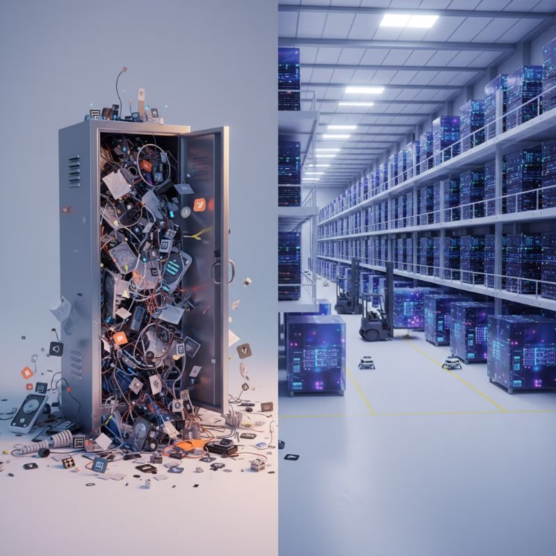 원드라이브 용량 늘리기 해결법 - 저장공간 부족 5GB 탈출 3가지 전략 (무료/유료) 3 꽉 찬 작은 사물함과 넉넉한 창고를 비교하여 원드라이브 용량 차이를 표현한 이미지