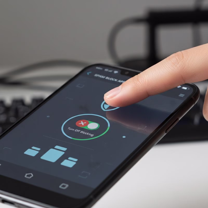 네이버 아이디 비밀번호 찾기 - 전화번호 바뀜, 인증번호 안 올 때 해결법 (PC/모바일) 3 스마트폰에서 스팸 차단 앱 설정을 해제하려고 하는 손가락 클로즈업