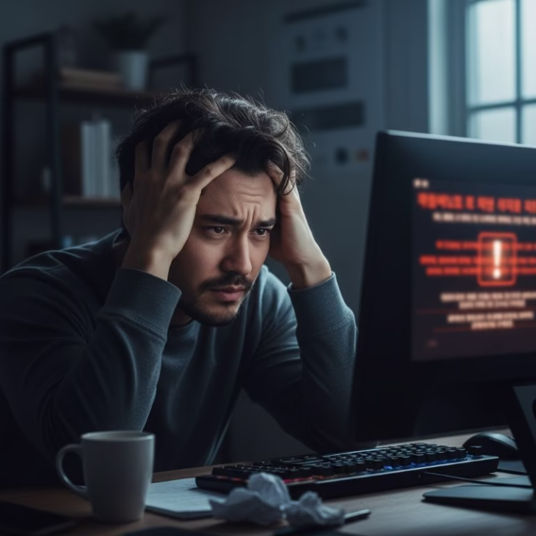 네이버 아이디 비밀번호 찾기 실패 후 머리를 감싸쥐고 있는 사용자의 모습